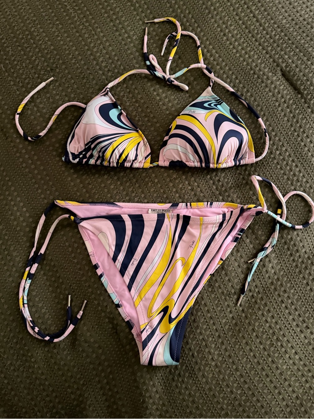 Emilio Pucci Pastel Pink Swirl Bikini with Yellow, Navy & Light Blue
